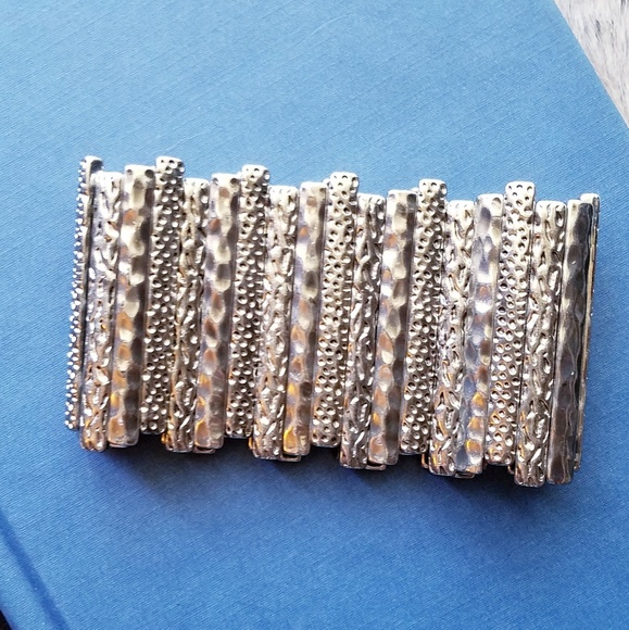 Wide Silver Metal Bar Stretch Bracelet - Picture 3 of 6